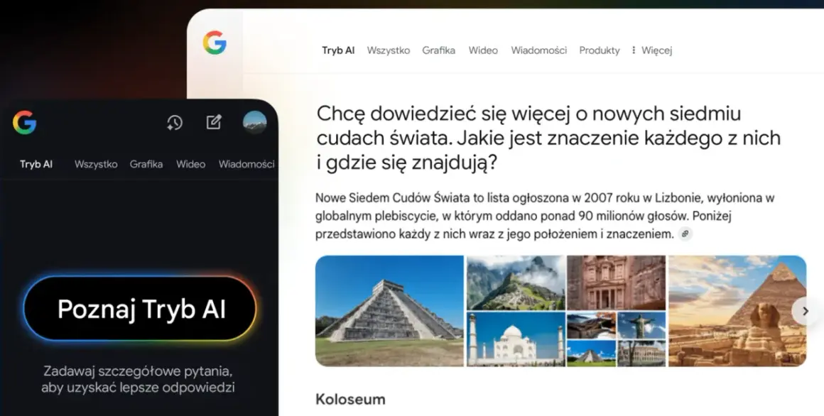 Interfejs wyszukiwarki Google z aktywnym "Tryb AI". Widoczna jest grafika z pytaniem o nowe cuda świata i ich lokalizację.