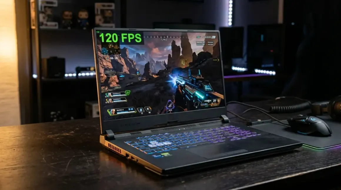 Laptop z podświetlaną klawiaturą gra w grę akcji przy 120 FPS. W tle widać półki z figurkami. Intel UHD Graphics zapewnia płynną rozgrywkę.