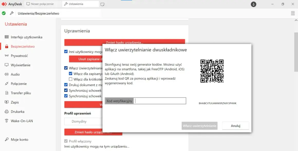 Konfiguracja uwierzytelniania dwuskładnikowego w AnyDesk. Skanowanie kodu QR do udostępnianie ekranu.