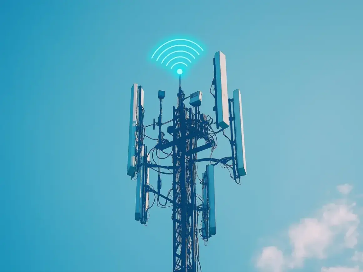 Wieża telekomunikacyjna z antenami, symbolizująca zasięg internetu radiowego.
