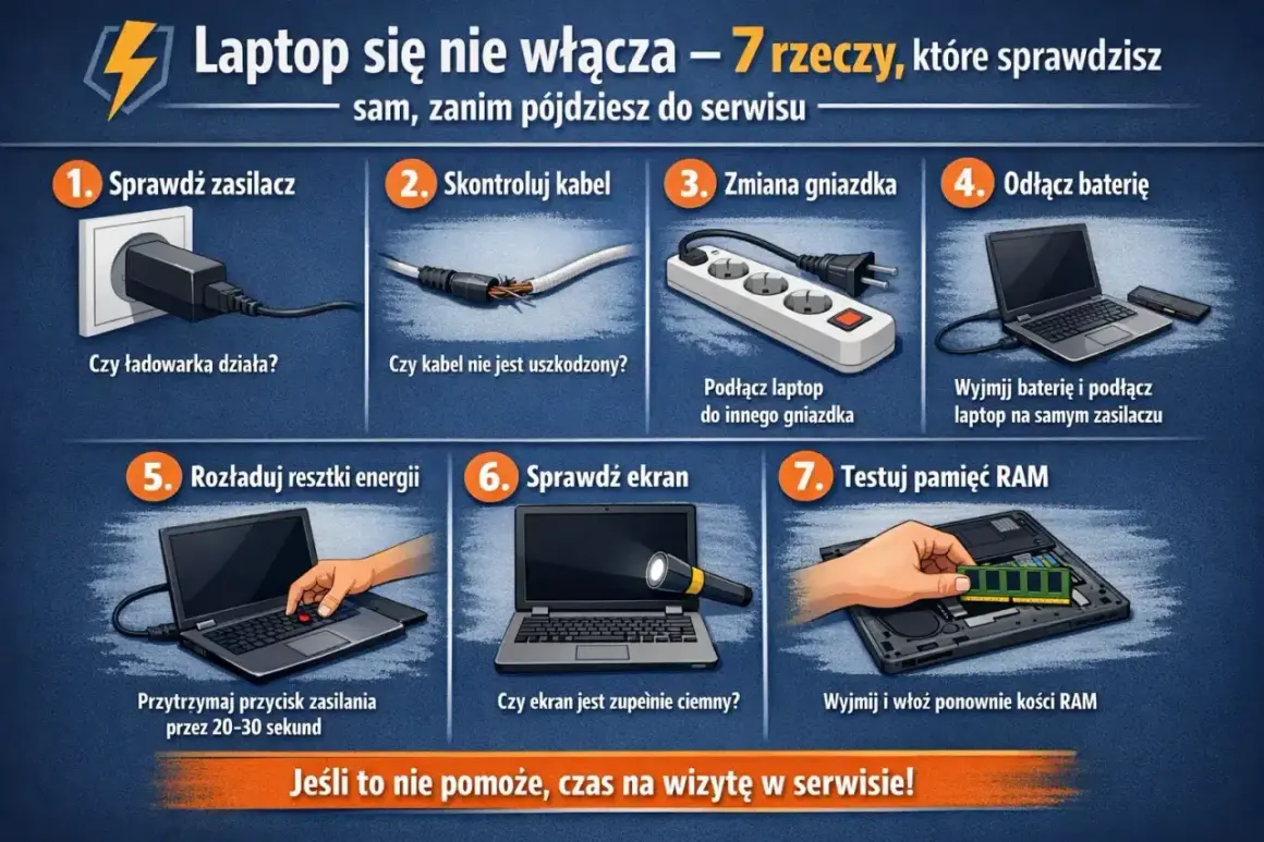 Laptop nie chce się włączyć? Sprawdź zasilacz, kabel, gniazdko, baterię, rozładuj energię, ekran i RAM. Jeśli to nie pomoże, czas na serwis.