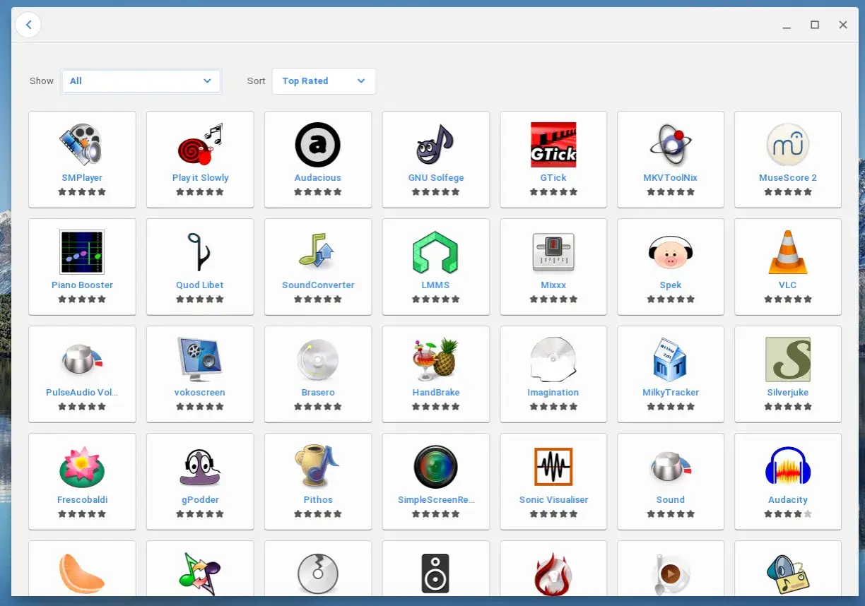Sklep z aplikacjami dla ChromeOS, prezentujący ikony programów takich jak SMPlayer, VLC, Audacity i wiele innych.
