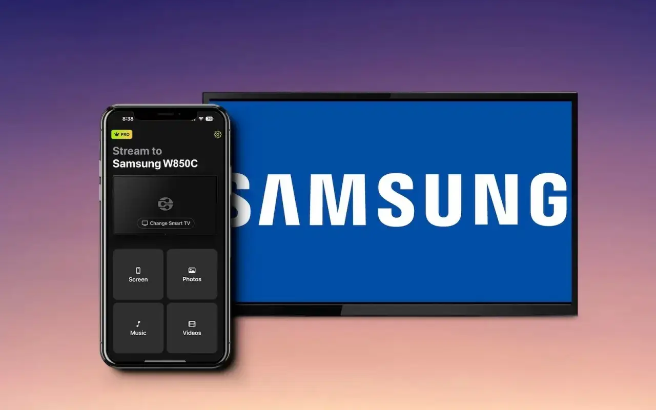 Aplikacja na telefonie pozwala na strumieniowanie obrazu z telefonu na TV przez WiFi do telewizora Samsung.