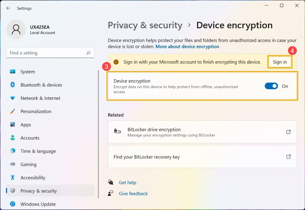 Ustawienia prywatności i zabezpieczeń Windows 11, gdzie można włączyć szyfrowanie urządzenia, znane też jako BitLocker, dla ochrony danych.