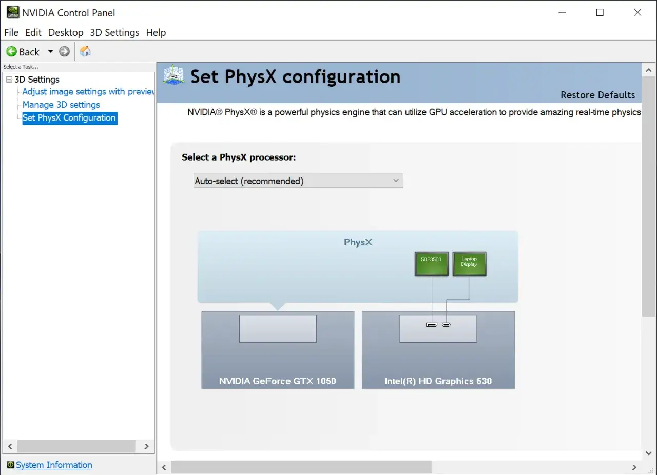 Konfiguracja PhysX w panelu NVIDIA. Wybór procesora PhysX: auto-select, z opcją Intel UHD Graphics 630.