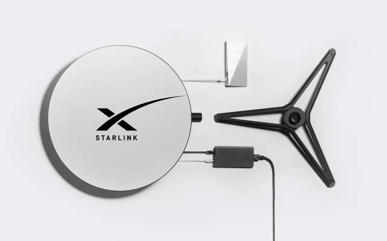 Antena Starlink z logo SpaceX, router i stojak. Nowoczesny internet satelitarny.