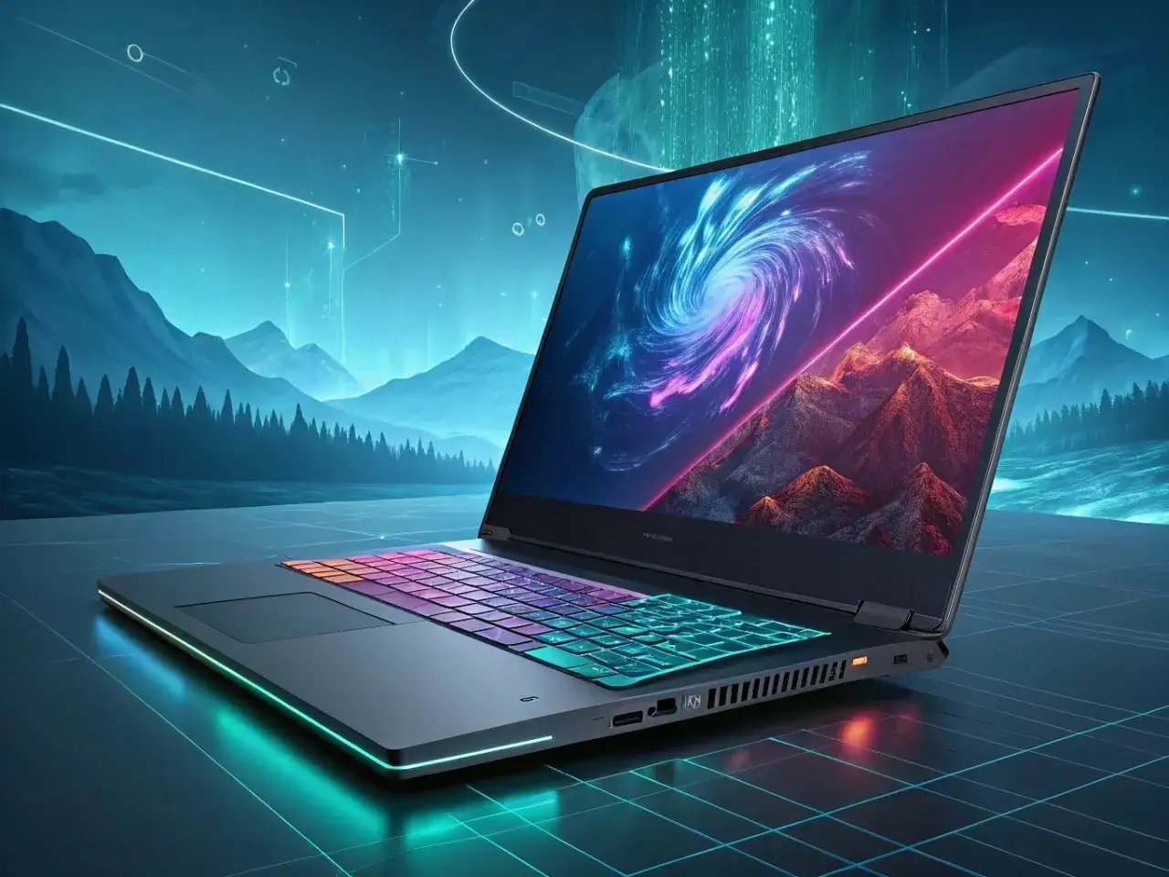 Nowoczesny laptop z podświetlaną klawiaturą, na ekranie którego widać kosmiczną galaktykę i góry. To idealne narzędzie do pracy z aplikacją AI.