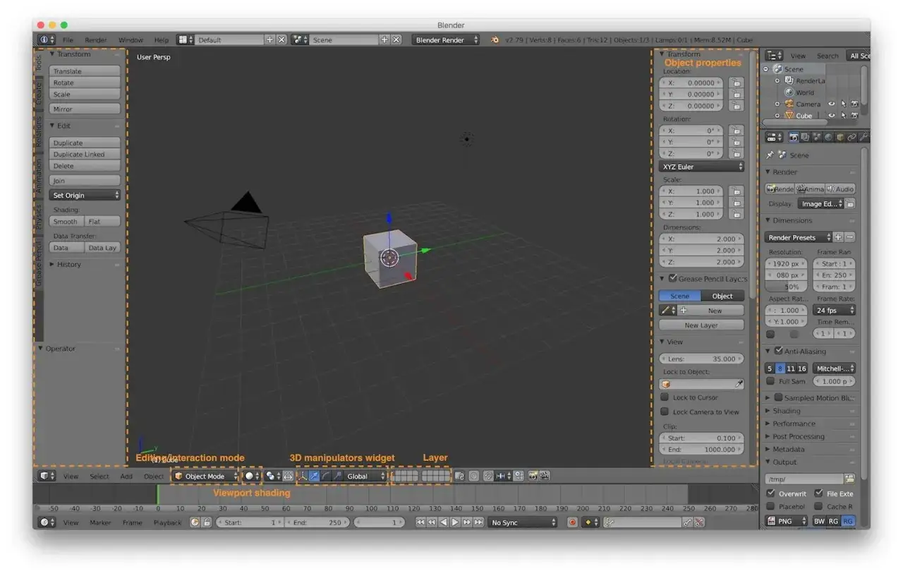 Interfejs programu blender program z widokiem sceny 3D, kostką i panelami narzędzi.