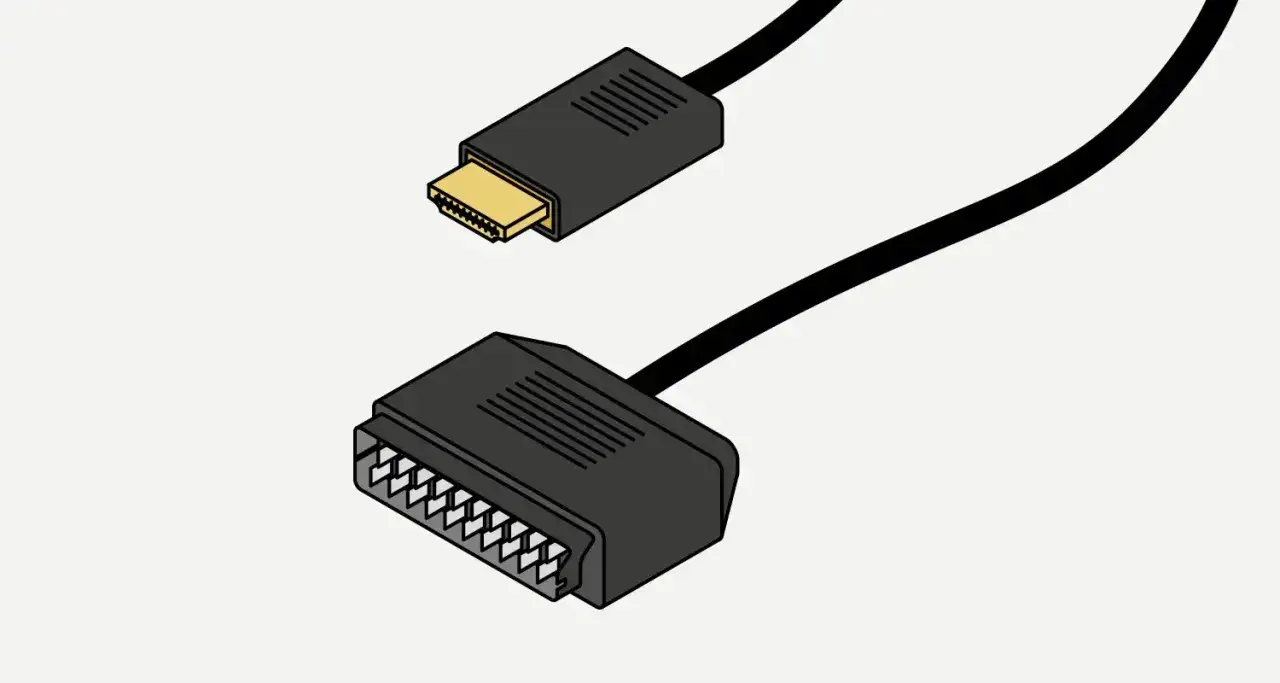 Kabel łączący nowoczesne urządzenie z wejściem HDMI ze starszym sprzętem, np. magnetowidem, za pomocą złącza SCART.