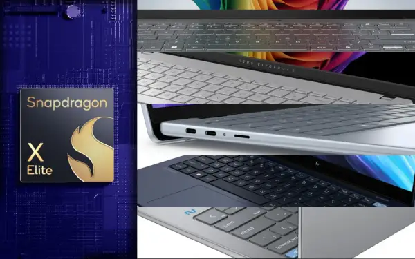 Logo Snapdragon X Elite obok klawiatur laptopów. Nowa era wydajności.