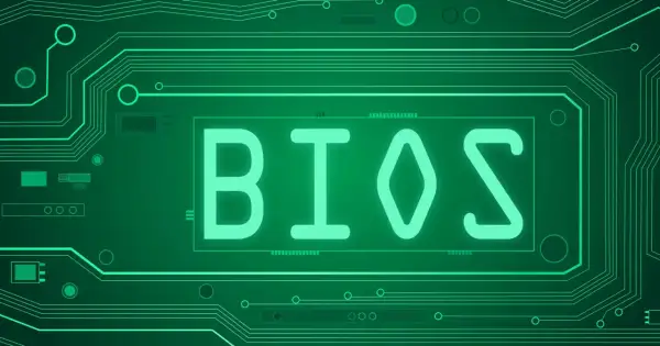 Zielone linie obwodu drukowanego tworzą tło dla neonowego napisu BIOS.