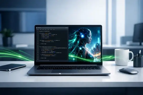 Laptop z kodem i portretem kobiety, symbolizującym halucynacje AI. Zielone linie energii oplatają ekran.