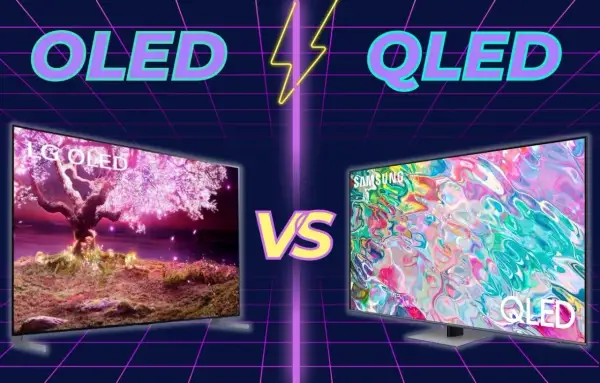 OLED vs QLED: telewizor LG OLED z kwitnącym drzewem kontra Samsung QLED z abstrakcyjnym obrazem. Który wybrać?