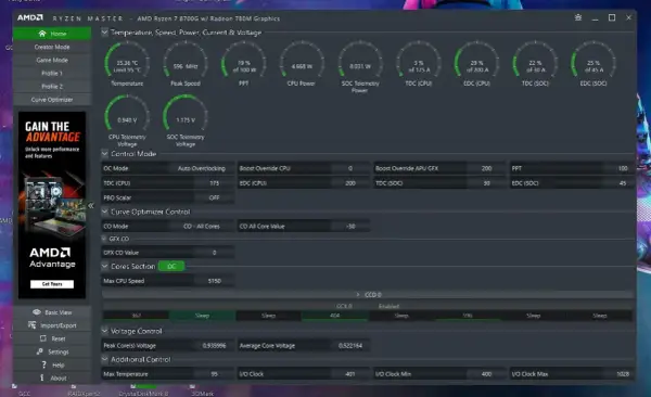 Ryzen Master pokazuje parametry procesora: temperaturę, napięcie, taktowanie i pobór mocy. Umożliwia też kontrolę nad podkręcaniem.