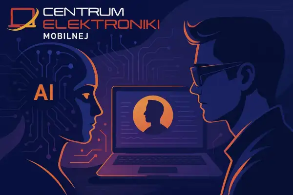 Centrum Elektroniki Mobilnej oferuje sztuczna inteligencja za darmo. Grafika przedstawia profil AI i człowieka patrzących na siebie nawzajem.