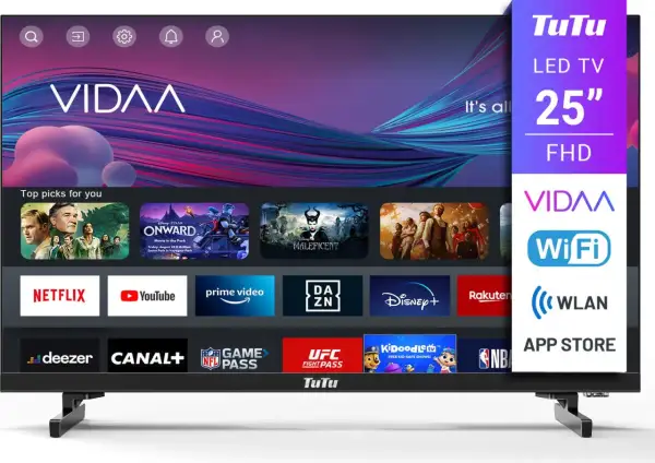 Telewizor 25" FHD z systemem vidaa, oferujący dostęp do Netflix, YouTube, Prime Video i wielu innych aplikacji.
