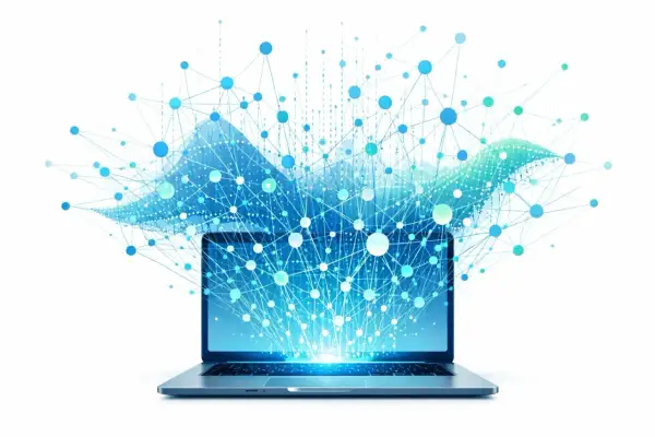 Laptop z siecią neuronową, symbolizującą zaawansowany tryb AI, rozprzestrzeniającą się w przestrzeni.