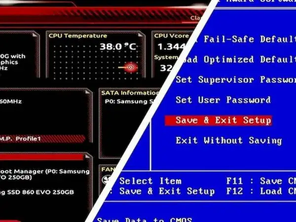 Ekran BIOS-u, pokazujący temperaturę CPU i opcje takie jak "Save & Exit Setup". To kluczowy krok, gdy zastanawiasz się, jak zaktualizować BIOS.