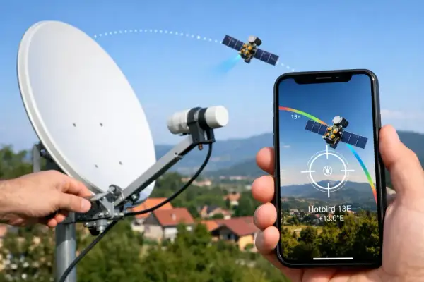 Ustawianie anteny satelitarnej Hotbird 13E. Aplikacja na telefonie pokazuje kąt ustawienia anteny satelitarnej.