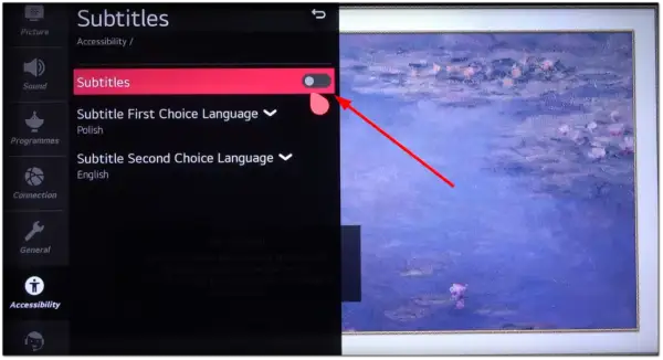 Menu telewizora: jak wyłączyć napisy. Przełącznik "Napisy" jest włączony.