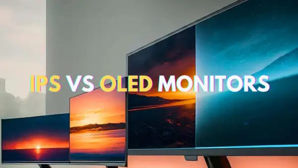 Porównanie monitorów IPS vs OLED: cztery ekrany z zachodzącym słońcem i nocnym niebem, podkreślające różnice w jakości obrazu.