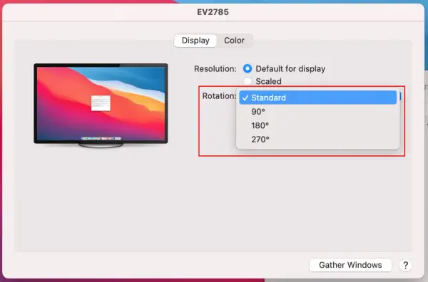Ustawienia ekranu pokazują, jak obrócić ekran w laptopie. Dostępne opcje to Standard, 90°, 180° i 270°.