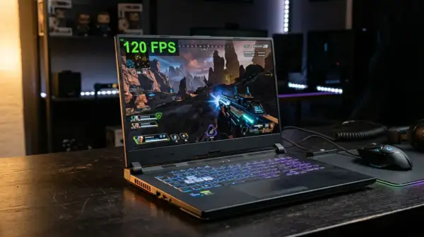 Laptop z podświetlaną klawiaturą gra w grę akcji przy 120 FPS. W tle widać półki z figurkami. Intel UHD Graphics zapewnia płynną rozgrywkę.
